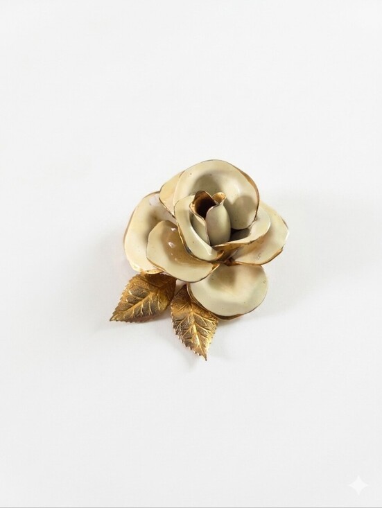 Vintage Jewelry - Vintage Creamy White Enamel Rose Brooch Gold Tone Leaves Floral Pin